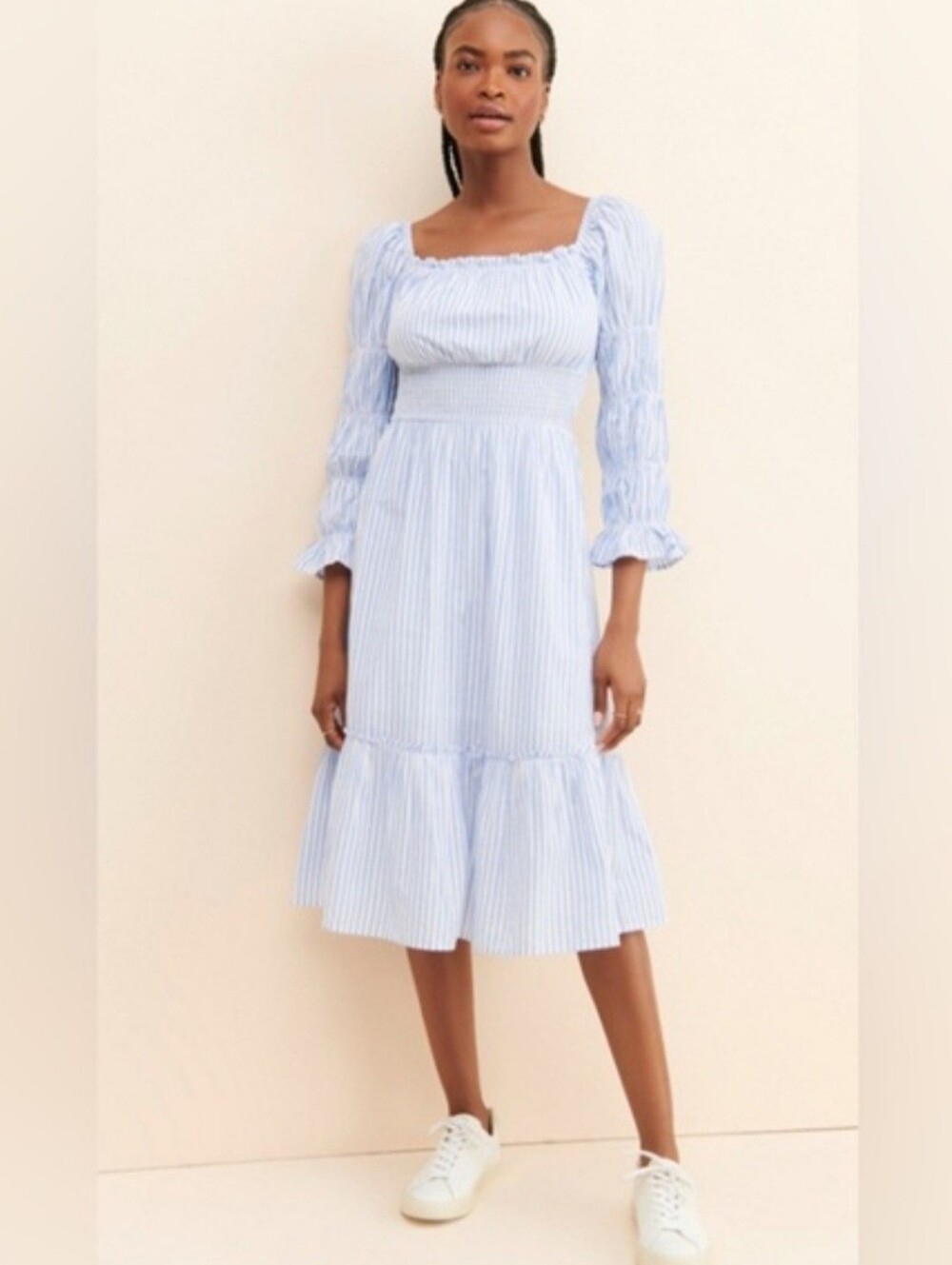 Rahi Blue Striped Midi Dress With Puff Sleeves